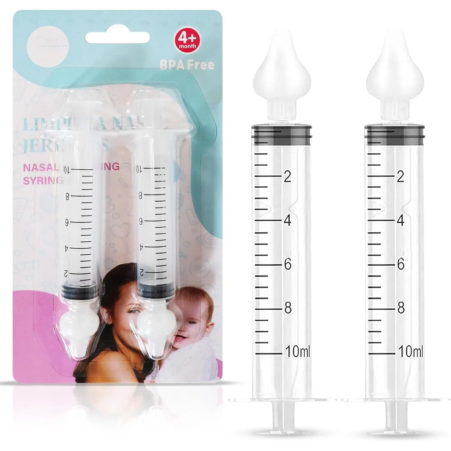 2-Pack Safe Silicone Baby Nasal Syringe - 10ml Infant Nose Cleaner with Silicone Tips for Neonate Congestion Relief, Reusable, White