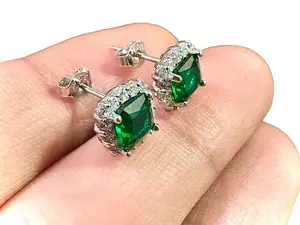 9MM Cushion Cut Emerald 925 Sterling Silver Earrings Studs for Women Gift