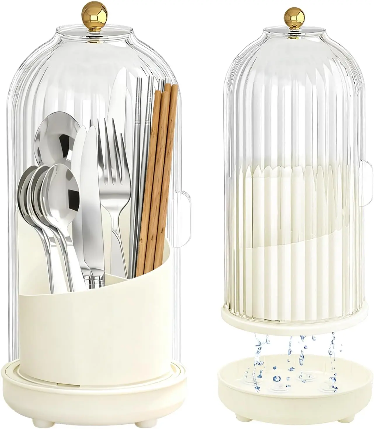 White 3-Slot Kitchen Utensil Holder - Kitchenware Organizer with 360° Rotating Base, Sliding Lid, Self-Draining Tray for Flatware, Chopsticks, Spoons, Spatulas, Cutlery, Knives, Convenient Access, Large Capacity
