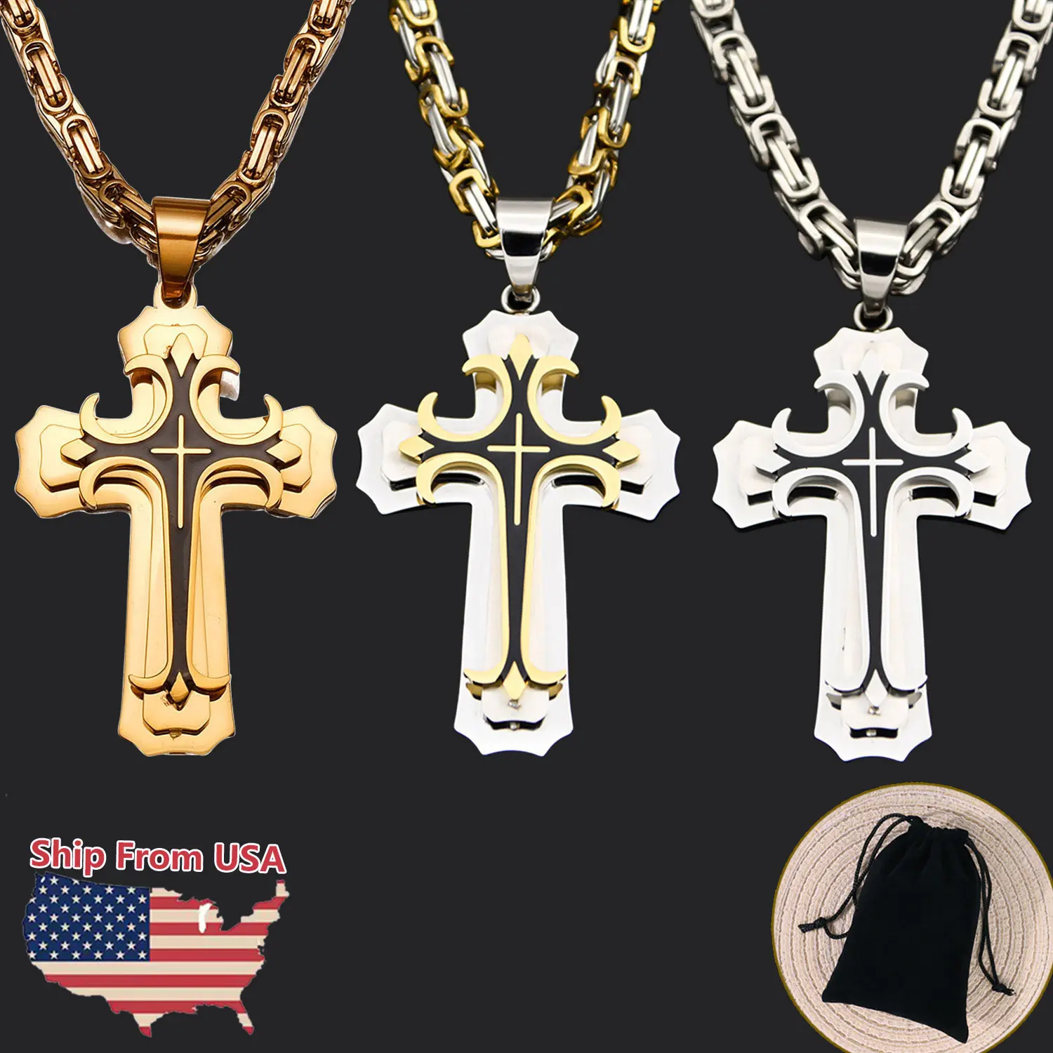 Men's Statement Triple Cross Necklace - Large Stainless Steel Pendant with 24-Inch Byzantine Chain Jewelry, Statement Cross Necklaces, Cross Link Chain