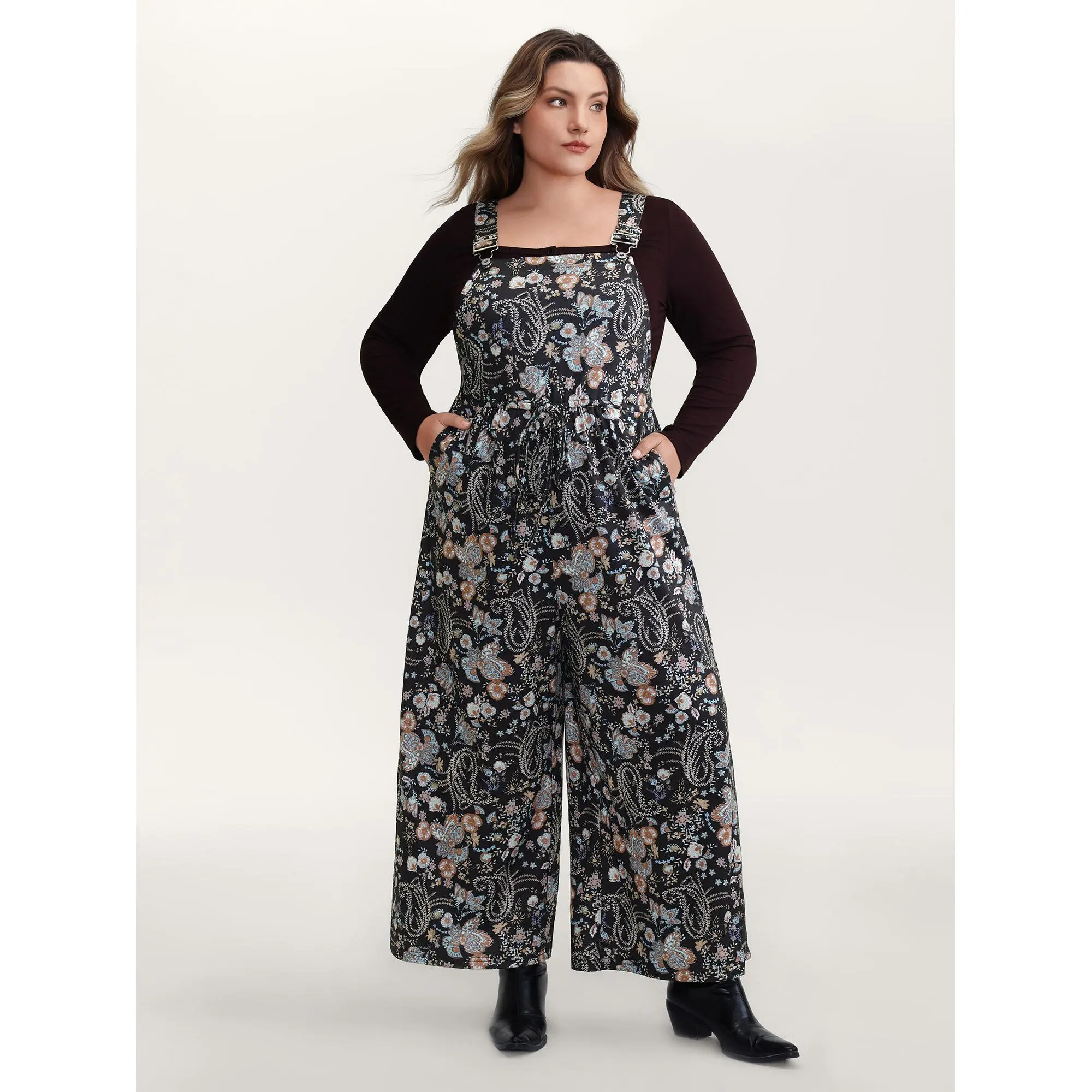 BloomChic Plus Size Floral Paisley Jumpsuit - Sleeveless Wide-Leg Polyester Blend Summer Garment with Pockets, Flower, Overalls, Fabric, Wide Legs, Casual, Do Not Tumble Dry, Hand Wash Only, Spandex, Paisley Print, Fit, Slant Pockets, Women