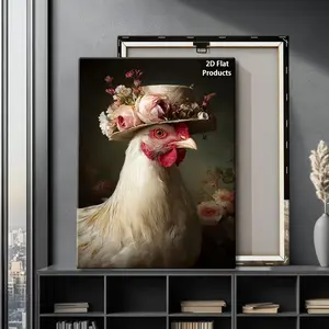 2D Flat, 2D Flat, 2D Flat Framed 2D Flat Wall Art Featuring a Stylish White Chicken in a Hat Decorated with Roses, Ideal for Enhancing The Decor of Your Living Room, Bedroom, Office, Restaurant	