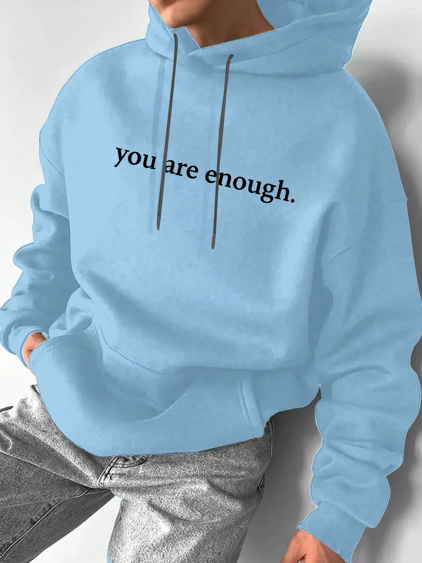 Men's You Are Enough Letter Print Hoodie with Kangaroo Pocket, Casual Fitted Long Sleeve, Comfortable Daily Wear, Travel Vacation School Style, Hooded Sweatshirts, Printed Hoodies