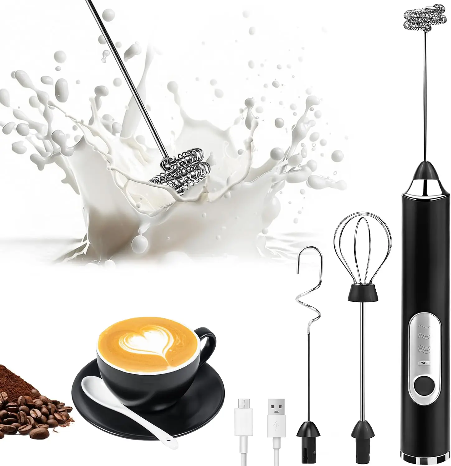 Multifunctional Cordless Milk Frother Coffee Making Tool, Christmas Gift - Electric Detachable 3 Whisk Heads, Rechargeable Lithium Battery, Food-Contact-Grade Stainless Steel 3-Speed Mixer for Latte, Cappuccino