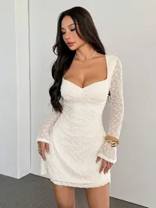 Women’s Winter Elegant Square Neck Ruched A-Line Mini Dress with Flare Sleeves