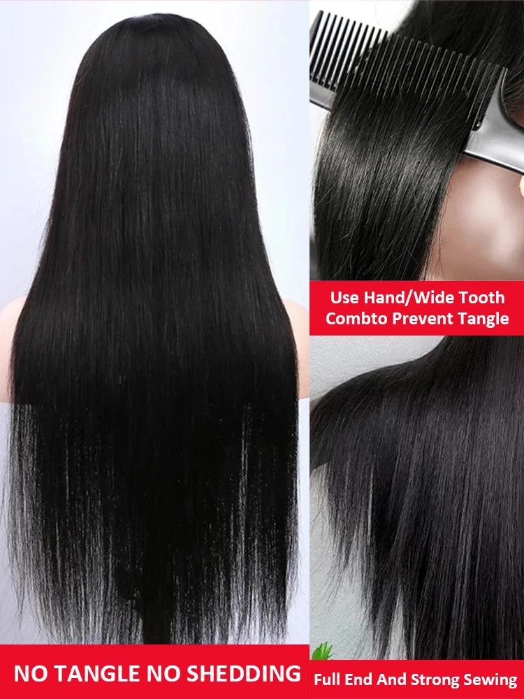 Glueless Straight Human Hair Wig With Bangs 180% Density 6X4 Lace Closure Wigs Middle Part Lace Wear And Go Wigs For Women Brazilian Smooth Hair Hd Transparent Lace Wigs