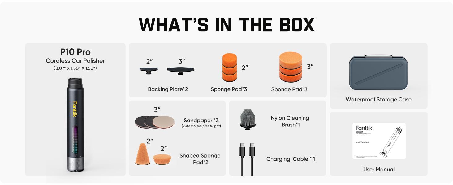 Fanttik P10 Pro Mini Car Buffer Polisher, 4000mAh Cordless Rotary Car Polisher Waxer, 2 Inch/3 Inch, 3 Variable Speed 300-950 RPM Car Detailing Kit for Polishing, Sanding, Waxing and Cleaning