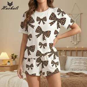 Two-Piece Set Women's Leopard Print Bow Short/Long Sleeve Tops & Pants Pajama Set - Cozy Matching Homeewear for Spring Summer Fall Winter Season