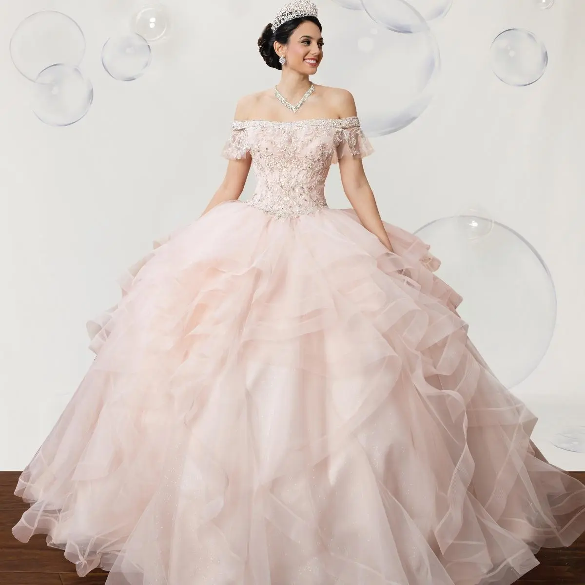 Women's Chic Blush Pink Quinceanera Princess Ball Gown - Off-the-Shoulder, Embroidered, Sparkle, Waist-Cinch, Light Fluffy Tulle, All-Season Formal Fluttering Dress