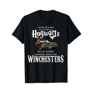 Hogwarts And Winchesters Hunting Graphic Black T Shirt For Harry Potter And Supernatural Fans Casual Wear For Men And Women