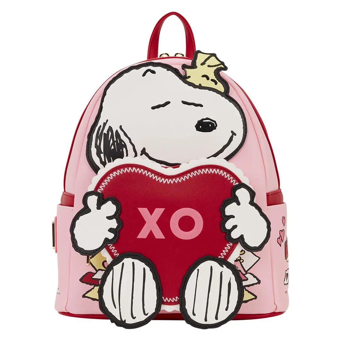 Loungefly Peanuts Snoopy Valentine's Day Pink Mini Backpack, Faux Leather Cartoon Character Purse with Embroidery & Applique Heart Pocket, Pink Backpack, Holiday, Zip