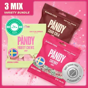 [Valentine's Bundle] Pändy Sugar Free Swedish Candy Variety Pack - 100 Calories per Bag - Healthy Snacks for Kids & Adults - Gluten Free - Sour Cherry, Sour Cola, Fruity Chews