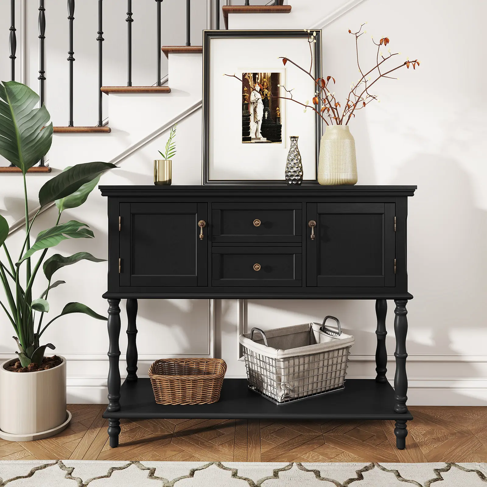 【summerwins】HLR Vintage Rectangle Console Table with Legged Base, Storage Drawers, Cabinets & Storage Zones - Living Room Table for Entryway, Farmhouse/Traditional Style, Holds Living Room Decor, Assembly Required Home Organization Solution, Living Room T