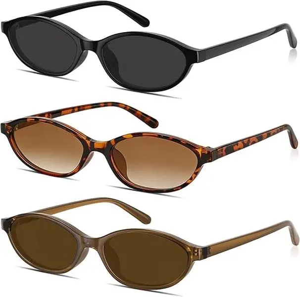 3PCS Sunglasses Womens Retro Oval Sunglasses for Women - Cat Eye 90s Glasses Y2K UV400 Lightweight Narrow Shades