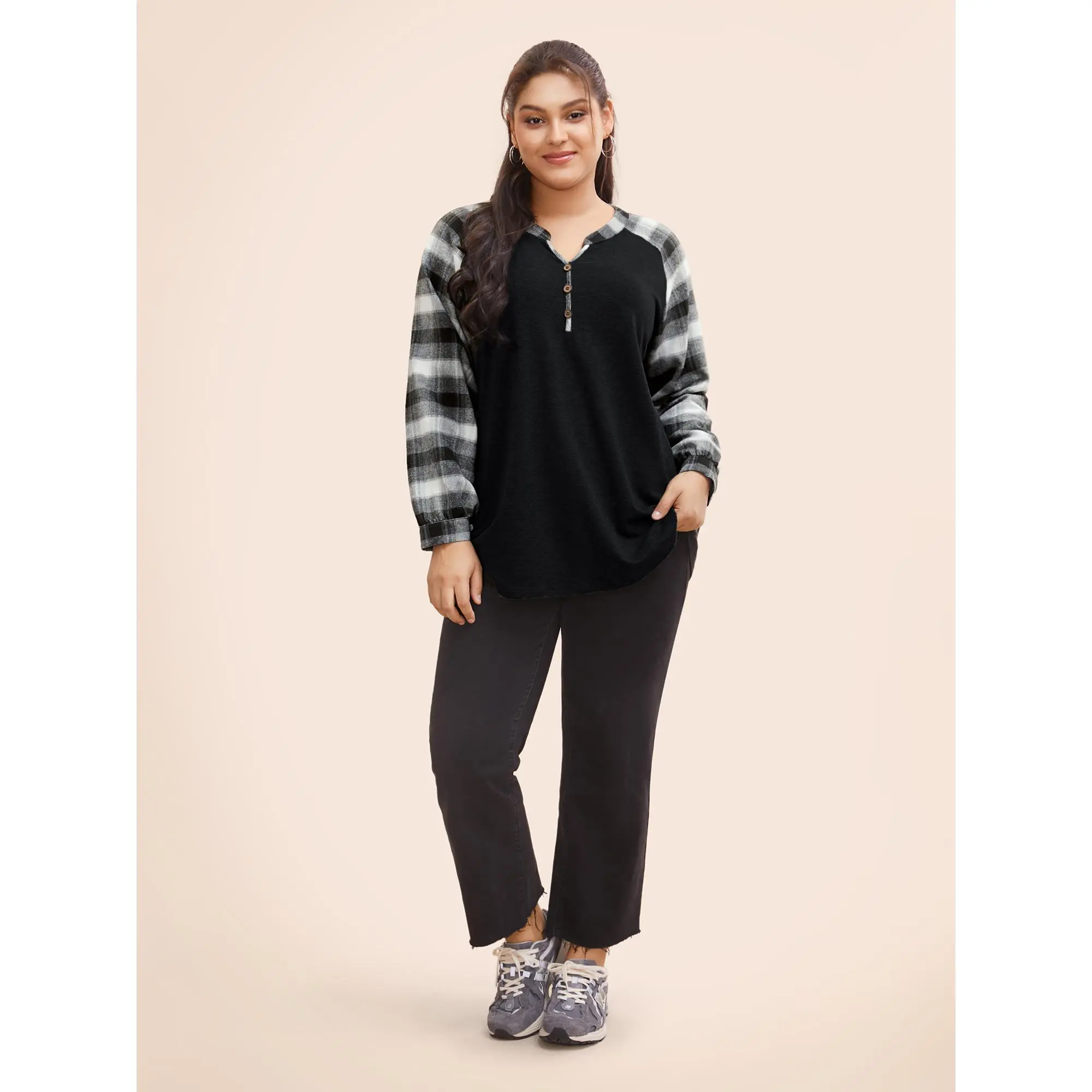 【Summer Turn-Up】BLOOMCHIC Plus Size Plaid Patchwork Notched Button Detail Sweatshirt [M-6X] 2026 Summerfinds  Fit Sleeve