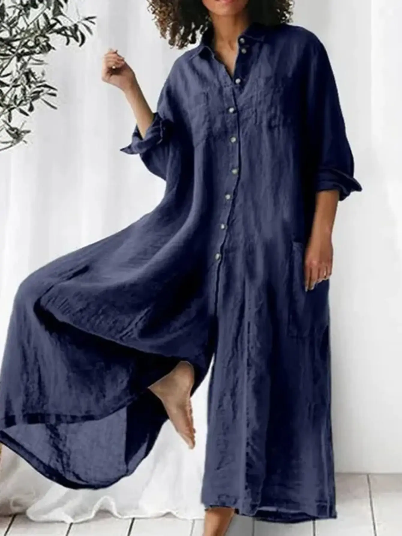Plus Size - Plus Size - A Unique, Loose-Fitting Jumpsuit for Women Featuring a Solid Color, Long Sleeves, And a Single-Breasted Design, Perfect for Casual Summer Wear with Wide Legs
