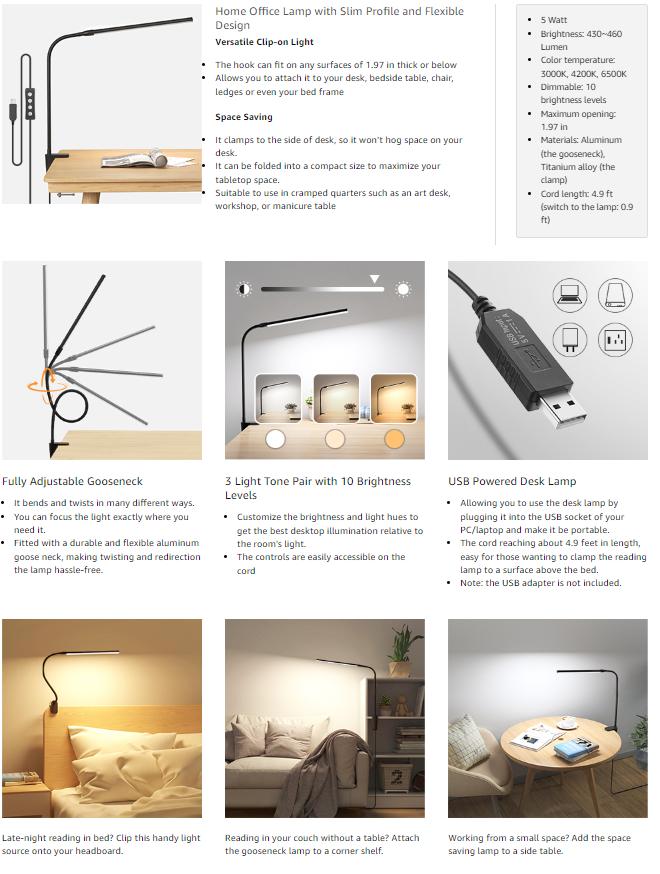 Lepro Clip on Desk Lamp LED Reading light Dimmable USB Small Clamp Lamp with 3 Color Modes 10 Brightness, Adjustable Flexible Gooseneck Table Light for Bed Headboard, Nail, Home Office,Computer