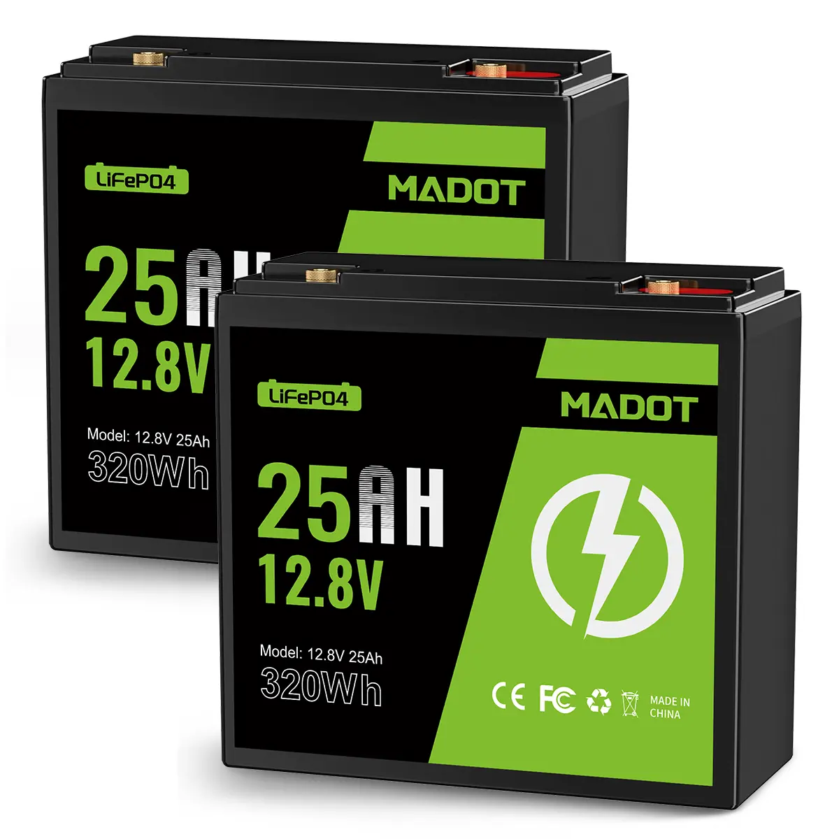 MADOT 2 Pack 12V 25Ah Lithium LiFePO4 Deep Cycle Battery, 3000+   Cycles Rechargeable Battery for RVs, Trolling Motor, Camping Gear, Electric Scooter, Ride On Toy, Lighting, Power Wheels, Fish Finder and More with Built-in BMS