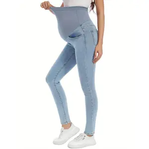High Waist Women's Maternity Slim Stretchy Over The Belly Denim Jeans Skinny Pants With Pockets