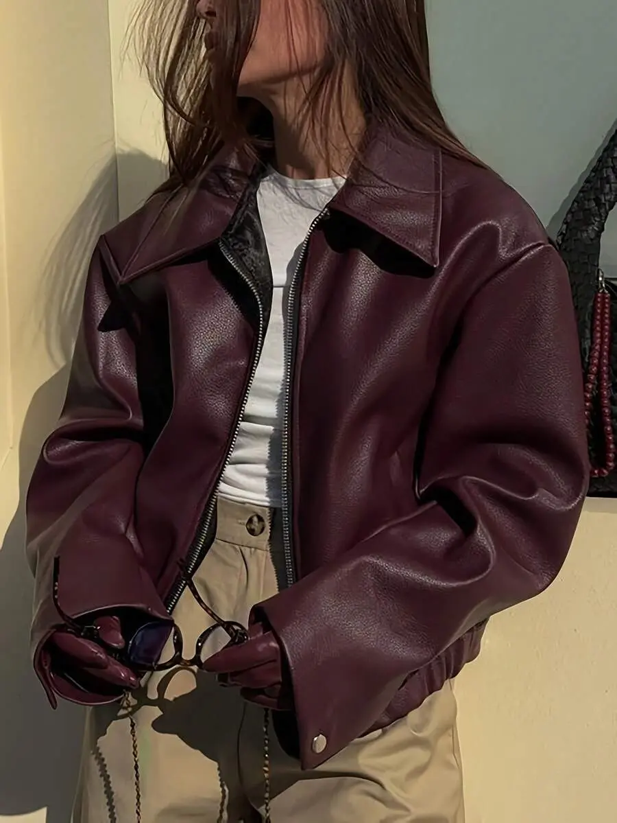 MUVA Women Lapel Collar Oversized Long Sleeve Leather JacketAll-Season Versatile Style,Match With Leather Gloves For Looks In Autumn And Winter