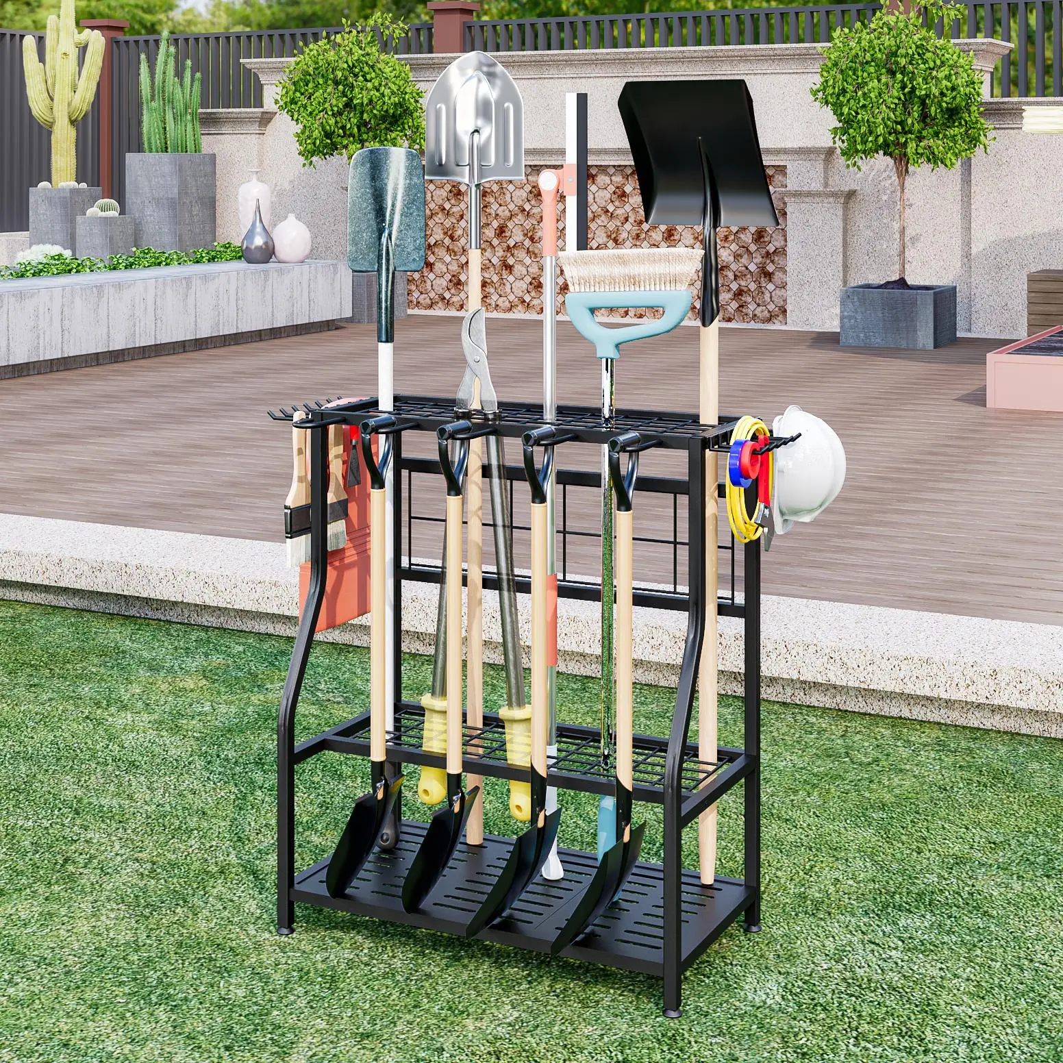 Heavy-Duty Steel Tool Storage Rack, Home Garage & Shed Organizer, Holds Up to 60 Long-Handled Outdoor Yard Supplies