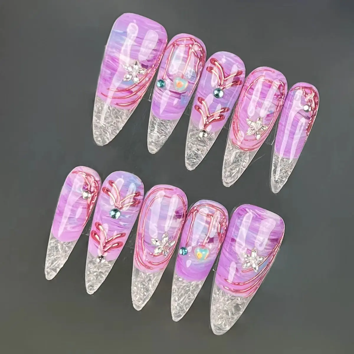 Reusable Press-On Nails - 3D Handmade Stylish Acrylic Nails, Unicorn Purple Stiletto Shape, Long-Lasting Salon Quality for Daily & Party Wear