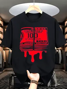 Men's Ink-Drip Money Print T-Shirt - Short-Sleeve Crew Neck Shirt with Currency Pattern Design, Men's Gift, Casual Daily Wear