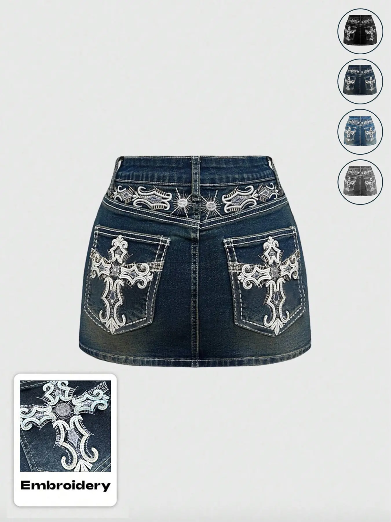 Women's Y2K Vintage Mini Denim Skirt With Pocket,Stretch Skirt,Stretchy,Cross & Wing Embroidery,Comfortable and Stylish  Wear, Chic, Stretchy Denim Skirts