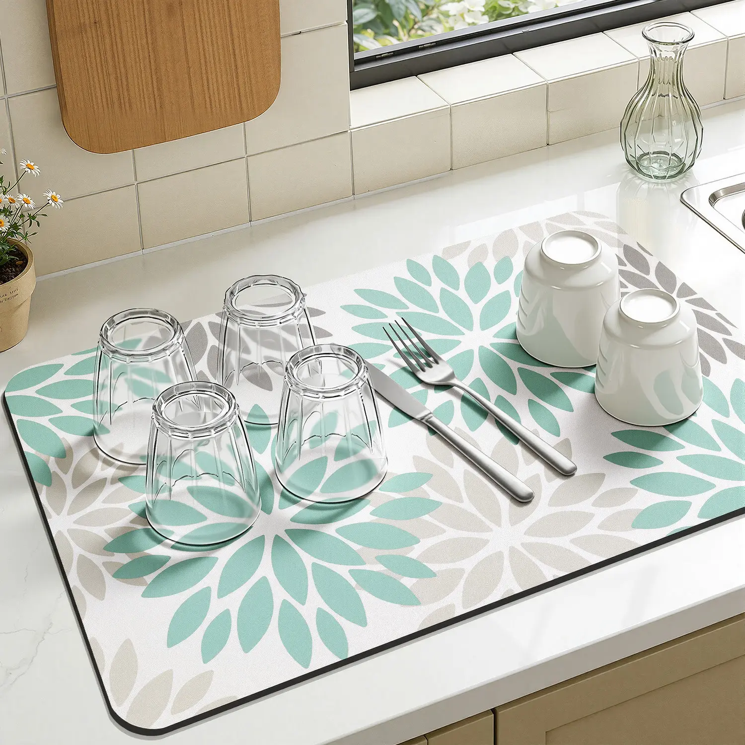 Dish Drying Mat, 12" x 20" Super Absorbent & Cuttable Dish Mat Drying Kitchen Mat with Teal Floral, Hide Stain Drying Mat for Kitchen Counter