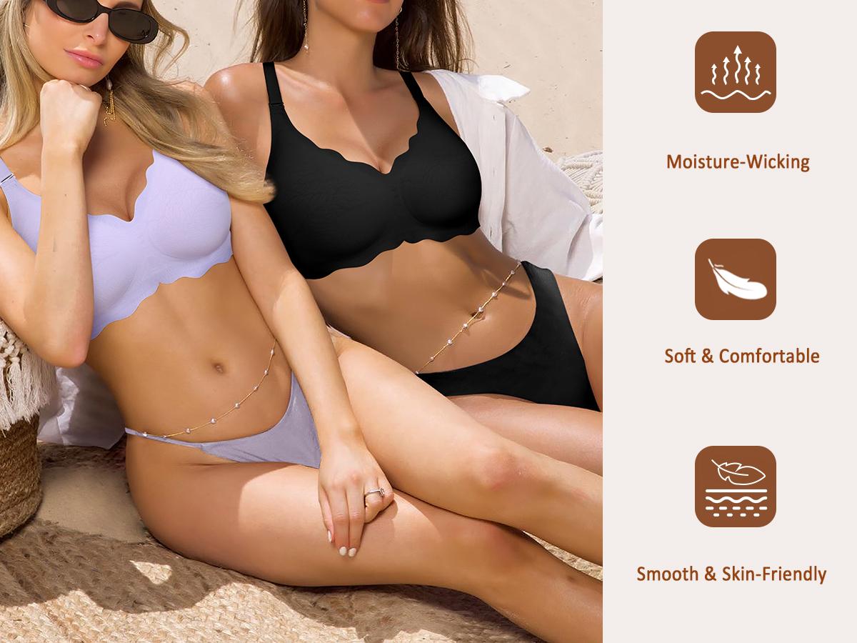 Werena Women's Wireless Jelly Bra Seamless Comfort Bras Push Up Bralette Full Coverage for Everyday V-neck Scallop Bra No Underwire Clothing Fit Elegant Pushbra with W Jelly Strip Support Black Vneck