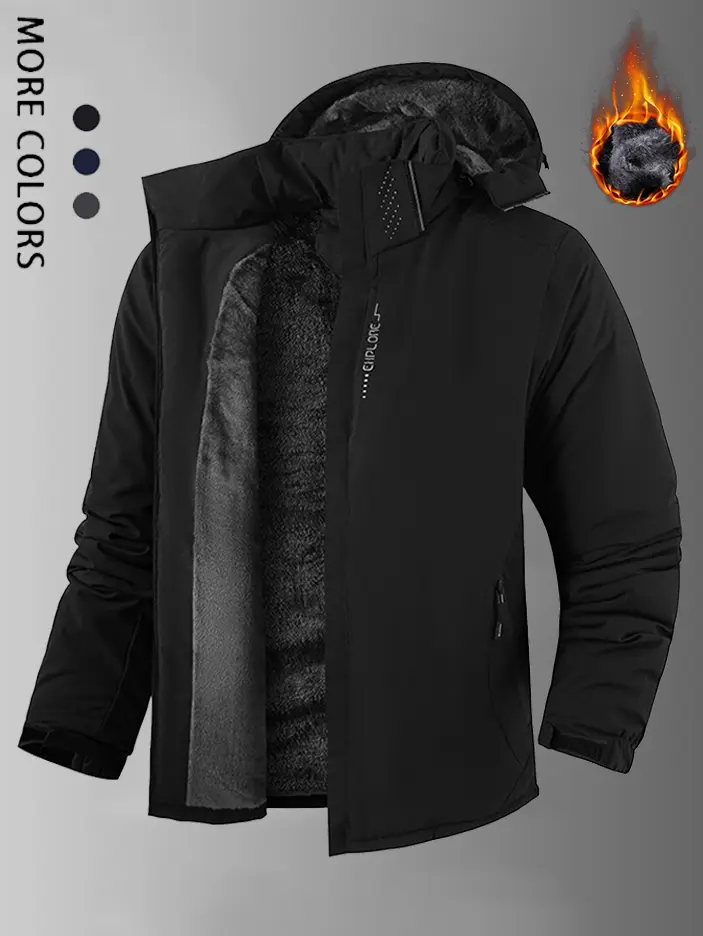 Men's Winter Windproof Waterproof Fleece Lined Long Sleeve Hooded Coat - Thick Warm Jacket with Adjustable Drawstring Hood, Elastic Cuffs, Full Zip Closure, Loose Fit for Easy Layering, Ideal for Hiking, Casual Wear, Coats