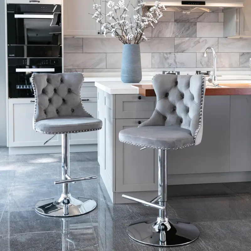 A&A Furniture Retro Swivel Velvet Bar Stools (Set of 2, Gray) - Adjustable Height 25-33in, Tufted Upholstered, Chrome Base with Backs, 18.00"l x 18.10"w x 45.60"h, Durable, Assembly Required Swivel Chairs for Home Pub, Kitchen Island