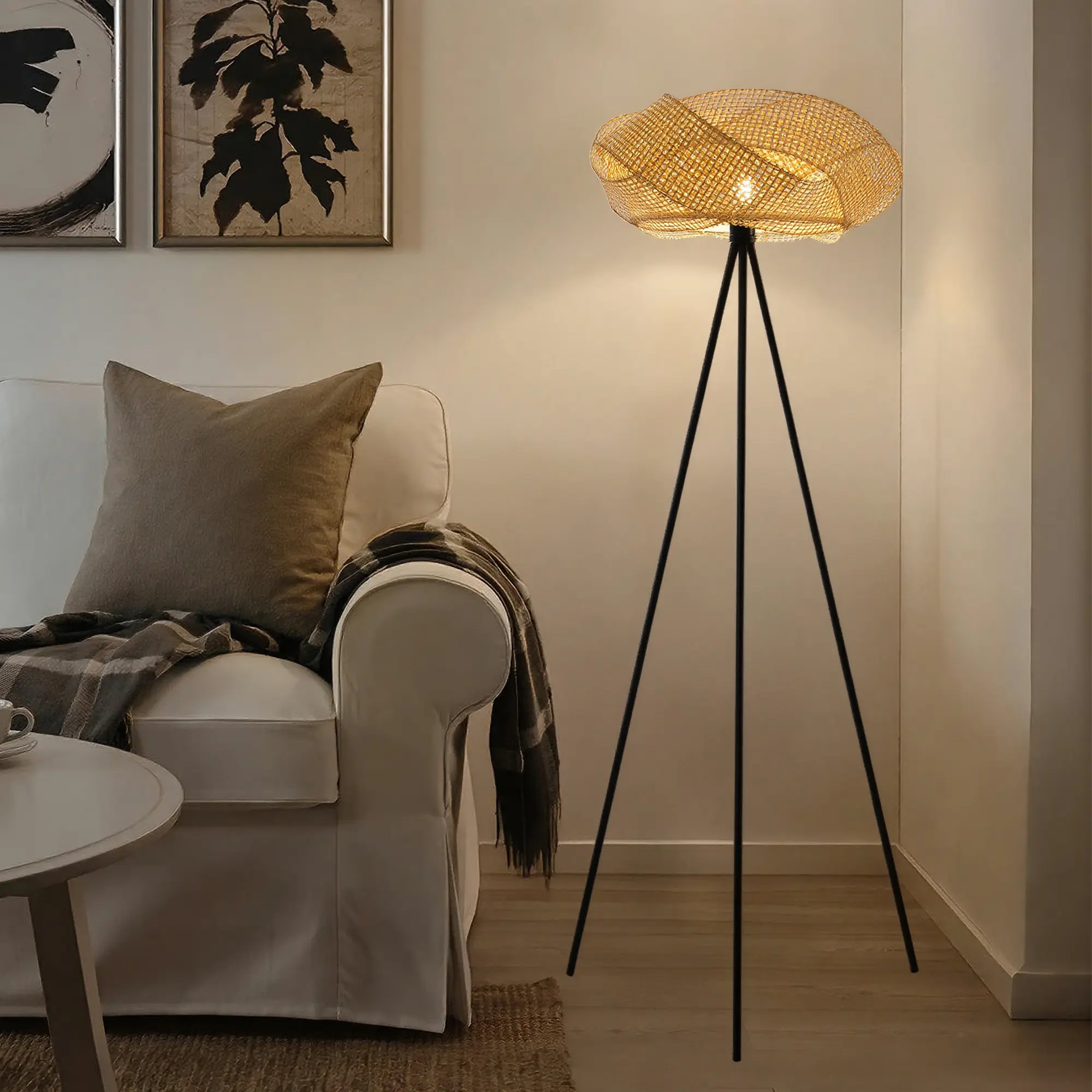 Booniture Modern Boho Bamboo Floor Lamp - Bamboo Bird's Nest Shade, 3-Legged Metal Base, Ft Switch, Stable Tip-Resistant, Bulb Included, Easy Solo Installation, for Living Rooms, Bedrooms, Floor Lamps & Torchieres, WeeklyDeals backtoschoolshopping