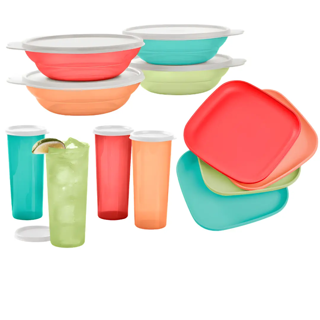 Tupperware 12-Piece Colorful Lightweight Reusable Tableware Set with Lids - Tumblers, Plates, Bowls for Outdoor Dining, Child-Friendly Use, Less Mess