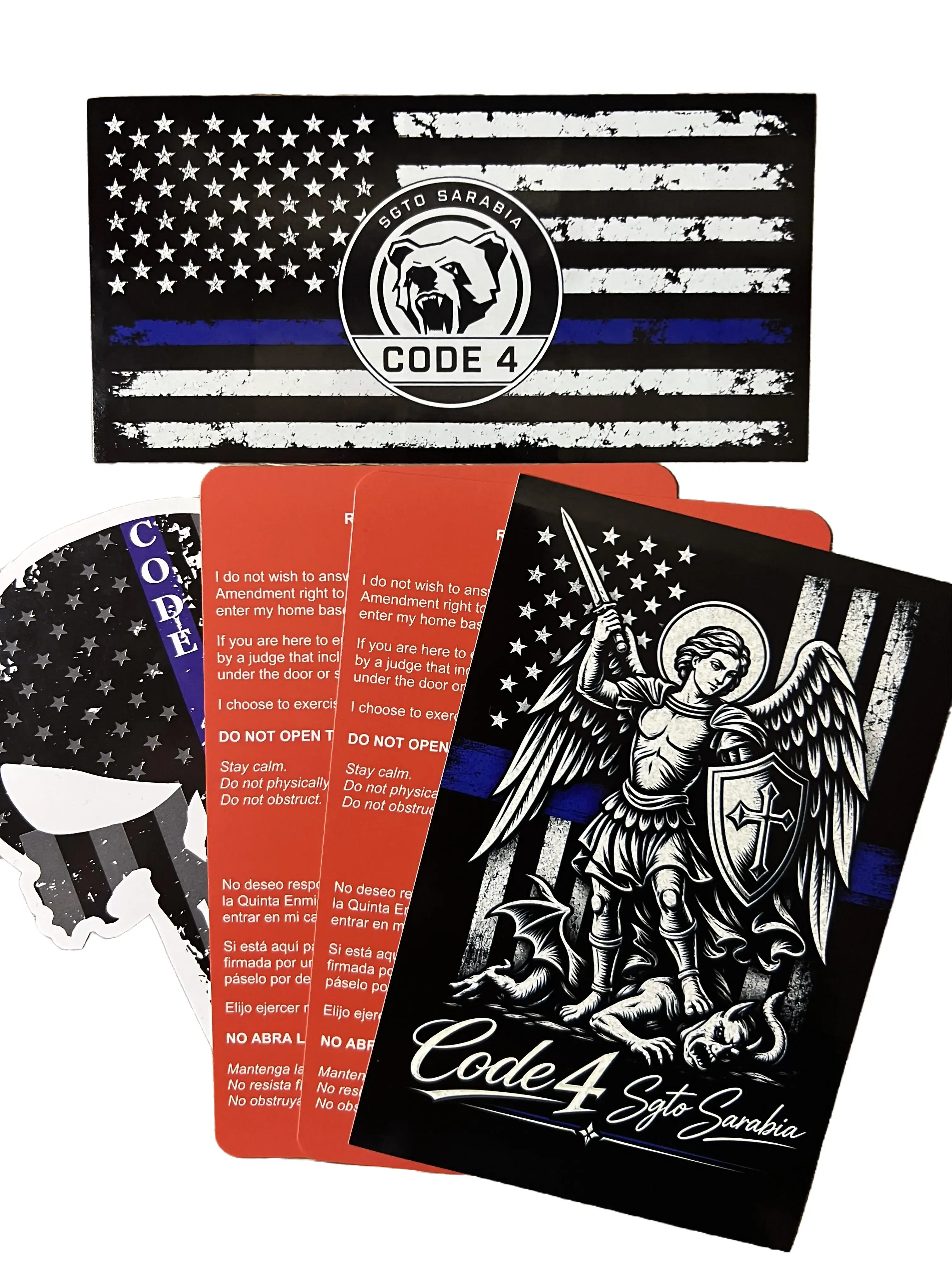 Sgto Sarabia Code 4 Protection Bundle Thin Blue Line Decal, Skull Decal, St. Michael Archangel Decal & 2 Know Your Rights Red Cards