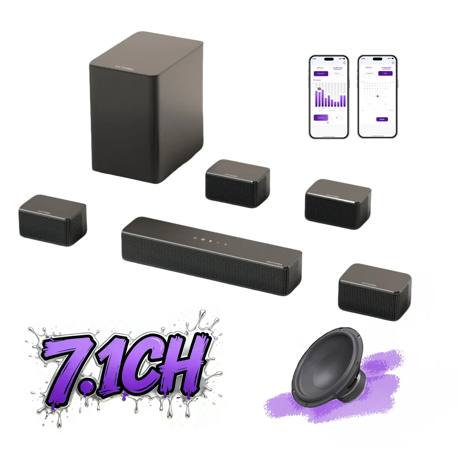 ULTIMEA Poseidon D70 7.1ch Soundbar Speaker Set with Wireless 6.5" Subwoofer Heavy Bass, 4 Wired Surround Speakers, 410W Peak Power, App Control, Bluetooth, Bassx Home Cinema Audio System for TV, Movies, Soundbars