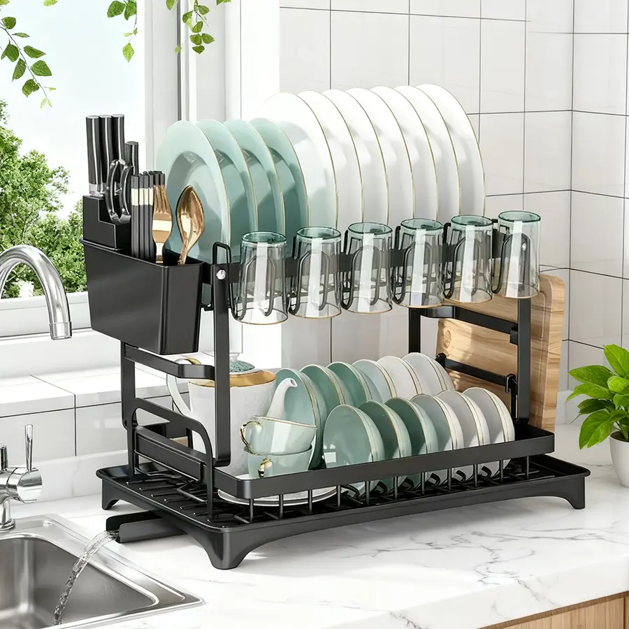 Premium 2-Tier Dish Drying Rack with Auto Drainboard, Modern Kitchen Counter Organizer for Plates, Bowls, Glasses and Kitchen Accessories carbon space-saving