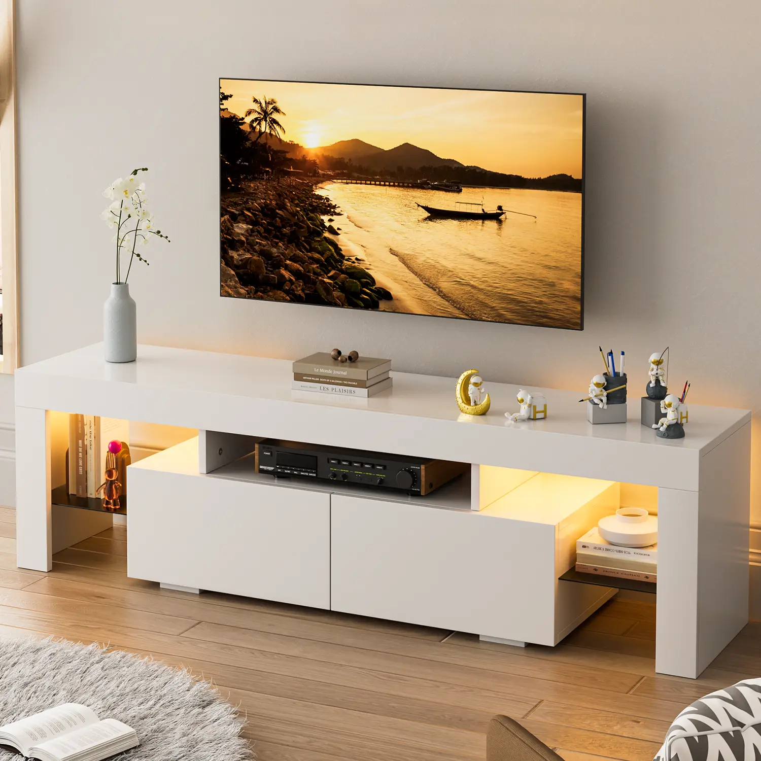 Furmax Modern TV Stand - 63 in RGB LED Lights Media Console with Glass Shelves & 2 Drawers, TV Cabinet Table Fits 70 in Screen, Modern Tv Stands