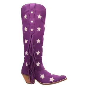 Dingo Womens Super Star Fringe Tooled Inlay Snip Toe  Casual Boots Over the Knee Mid Heel 2-3" - Purple