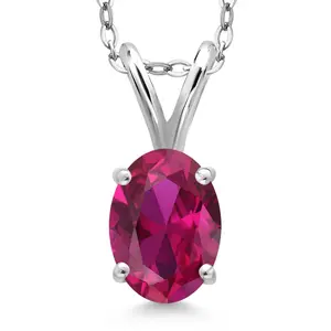 Gem Stone King 0.85 Ct Oval Red Created Ruby 925 Sterling Silver Pendant with Chain