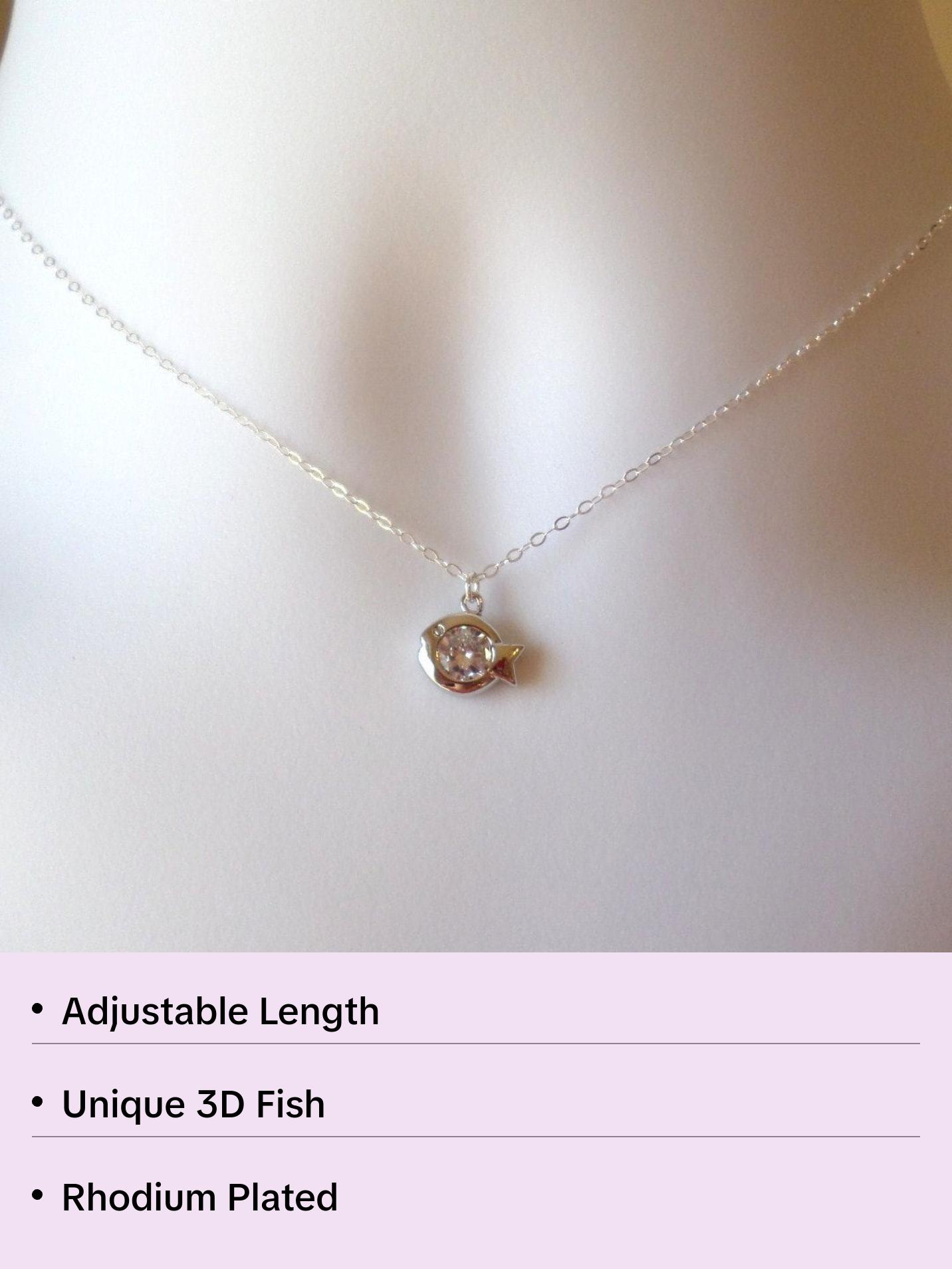 Sterling Silver and Rhodium Plated Fish Necklace - Tiny Silver 3d Fish with Cubic Necklace, Geometric Necklace, Christmas Gift Sterling Silver and Rhodium Plated Fish Necklace - Tiny Silver 3d Fish with Cubic Necklace, Geometric Necklace, Christmas Gift