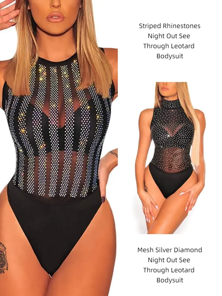 Women's Sleeveless Mock Neck Rhinestone Sheer Mesh Bodysuit, Sparkly Striped See Through Leotard Going Out Top, Stretchy Form-Fitting Clubwear for Vegas, Concerts & Festival Outfits, Flattering Unlined Party Shirt for Athletic & Curvy Fits