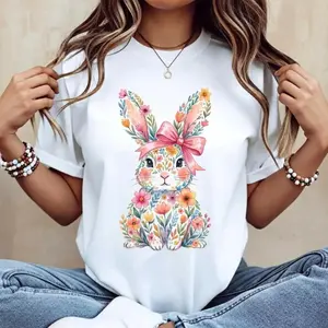 Casual Women's Round Neck Short Sleeve T Shirt Featuring Easter Bunny with Pink Bow and Colorful Swirls Ideal for Spring Festivals and Outdoor Activities