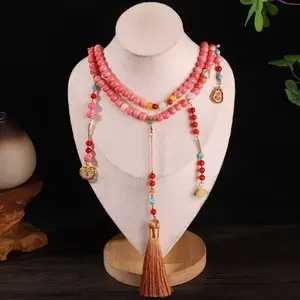 Chinese-style agate tassel necklace, agate pendant for holding prayer beads, pink good luck pendant, multi-layered bracelet
