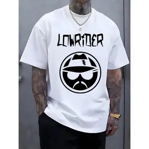 Men's Casual Graphic Tee - Short Sleeve Crew Neck Tee with "LOWRIDER" Print, Summer Outdoor Streetwear, White Machine Washable, Casual Outfit |         Casual Style Shirts |         Machine Washable Tops, T-Shirts