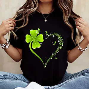 Crew Neck T Shirt Four Leaf Clover Heart Design St Patrick's Day Celebration