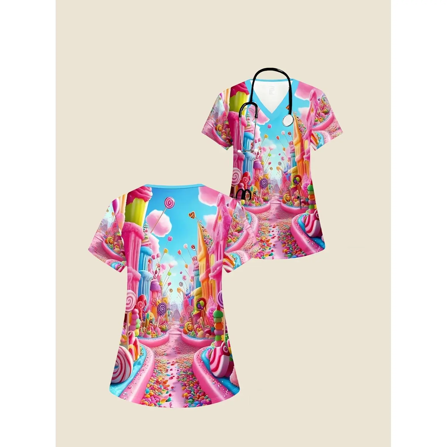 Cute Candy Print V-Neck Caregiver Uniform Women's T-Shirt with Pockets