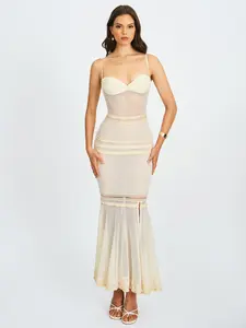 Pallas Beige Lace Trim Crochet Mermaid Maxi Dress