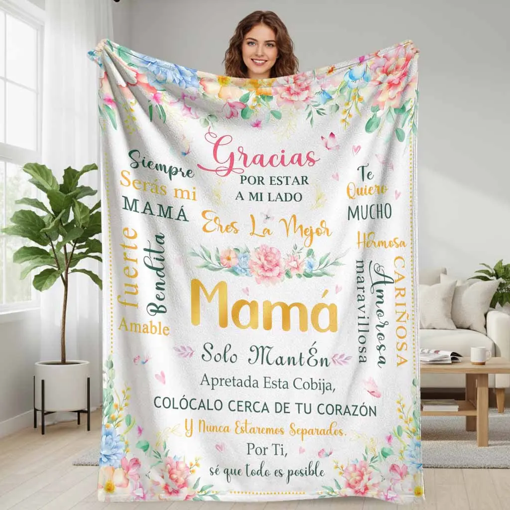 Mama Traditional Polyester Floral Flannel Blanket, Spanish Appreciation Quote Print, Soft Warm Lightweight Decorative Throw, All Seasons, Machine Washable, Mother’s Day Sentimental Gift, Bedroom Décor