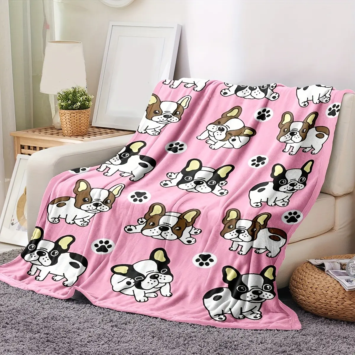 Pink Cute Theme French Bulldog Paw Print Flannel Printed Blanket - Durable, Soft, Fuzzy Plush Throw, Birthday Gifts Blanket for Dog Lovers, Cozy Home Use for Bedroom Sofa Decor, Cozy Blankets